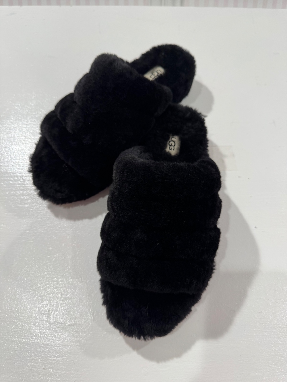 UGG Black Fluffy Shearling Slide Slippers Plush Open Toe Excellent Condition
